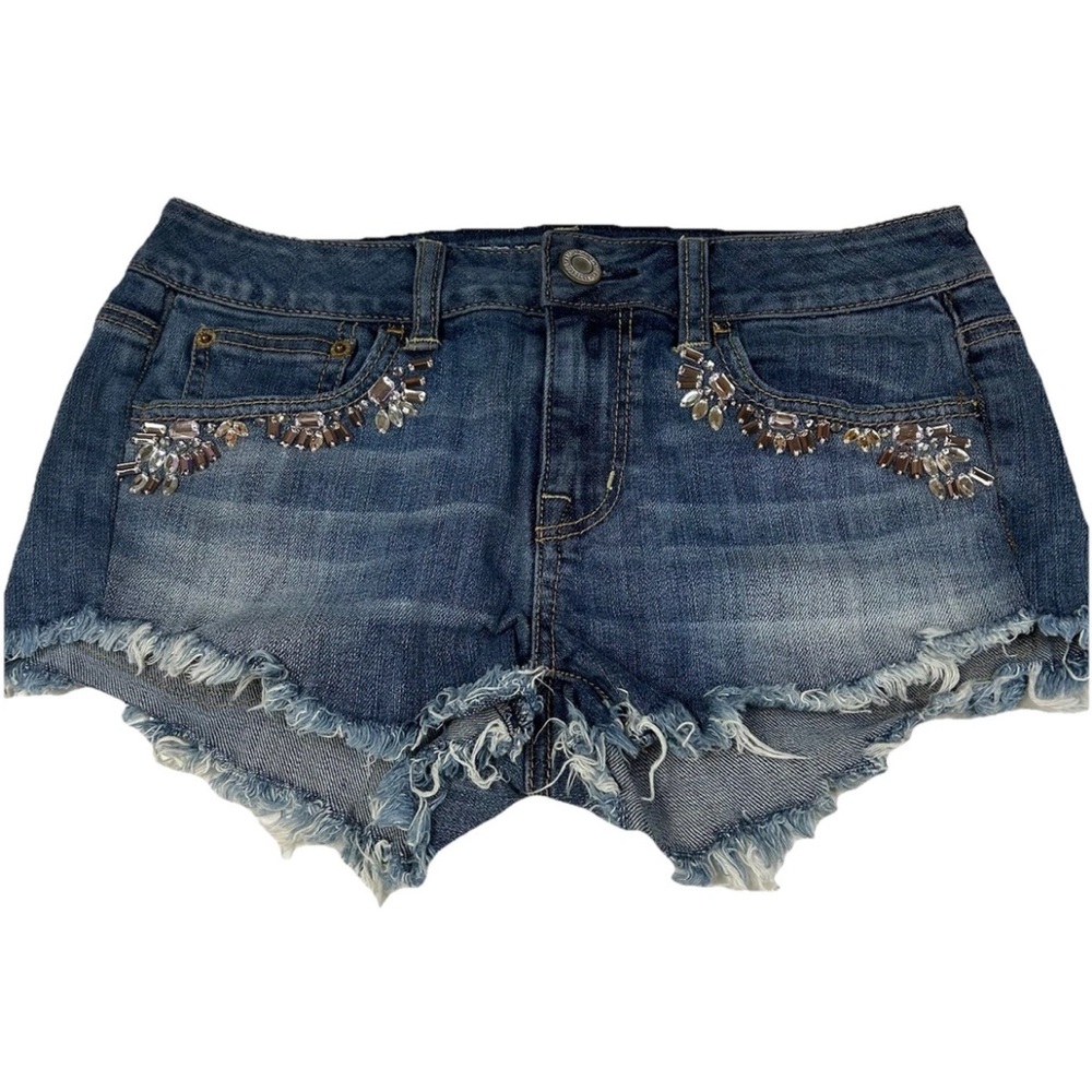Y2K American Eagle Women’s Size 2 Shortie Shorts Jean Bedazzled Dark Wash #2180